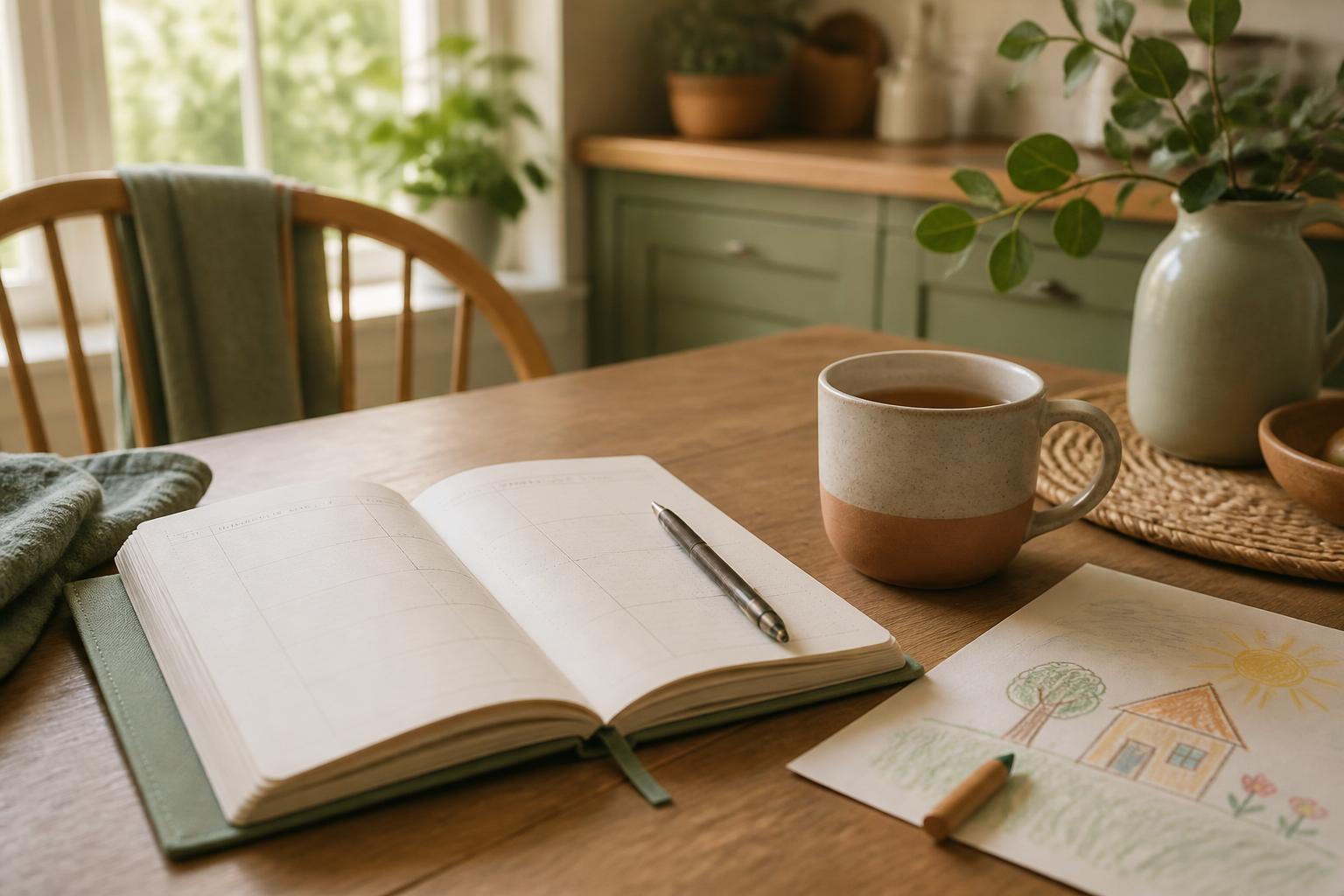 A quiet kitchen table with an open planner, a mug of tea and a child's drawing